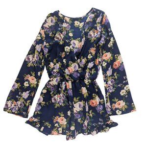 Honey Punch Navy Floral Wrap Romper – Long Sleeve, Ruffle Hem, Boho Romantic